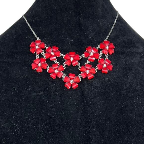 Red Crystal Flower Statement Necklace Bib Collar Chainlink Fashion Jewelry 34" - Picture 1 of 8